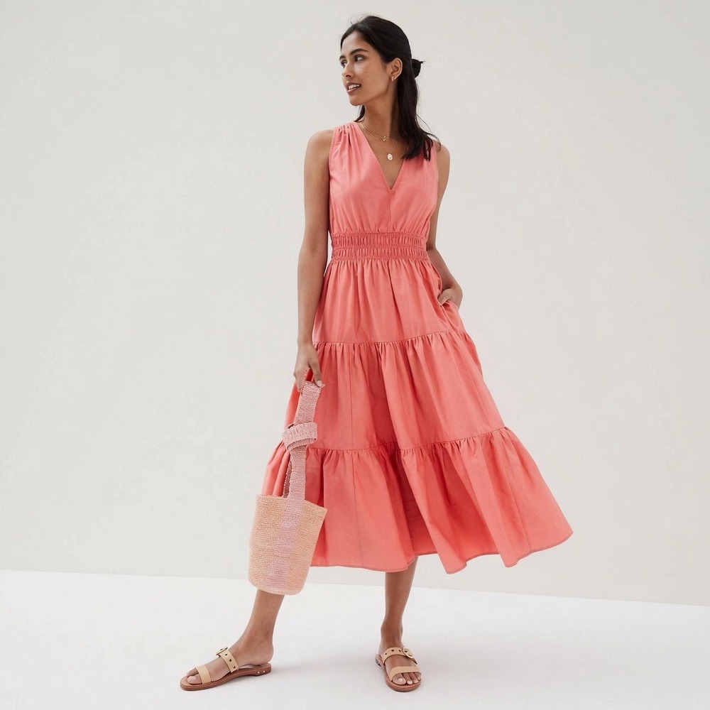 Anthropologie Maeve Tiered Midi Dress Coral Rose Smocked Sz 2 Sleeveless V-Neck